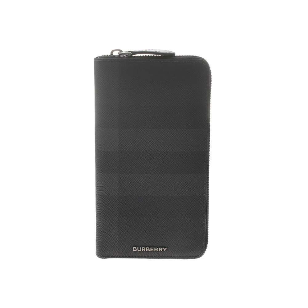 BURBERRY Leather Long Wallet Round Zipper Charcoal Black